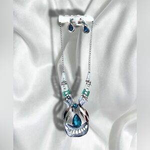 Elegant Silver and Blue Necklace and Pierced Earring Set NEW